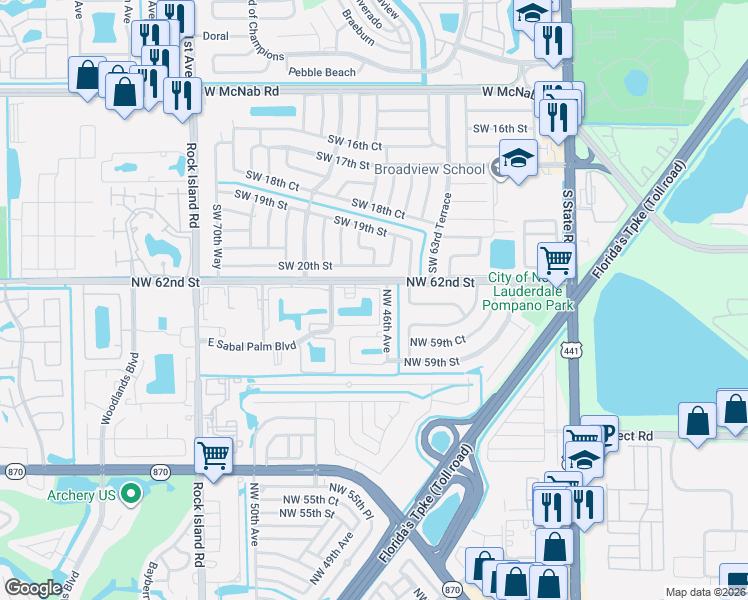 map of restaurants, bars, coffee shops, grocery stores, and more near 4930 East Sabal Palm Boulevard in Tamarac