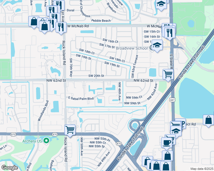 map of restaurants, bars, coffee shops, grocery stores, and more near 4940 East Sabal Palm Boulevard in Tamarac