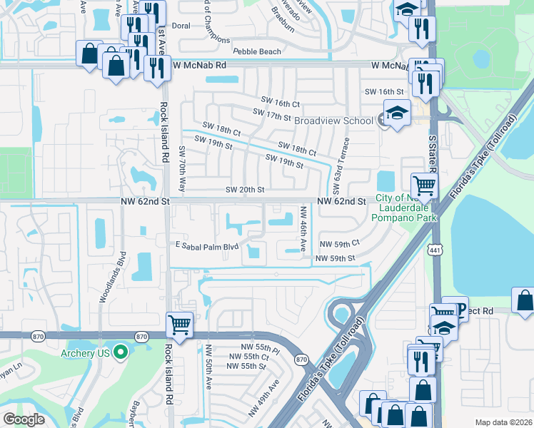 map of restaurants, bars, coffee shops, grocery stores, and more near 4940 East Sabal Palm Boulevard in Tamarac