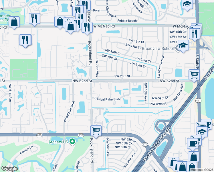 map of restaurants, bars, coffee shops, grocery stores, and more near 6090 North Sabal Palm Boulevard in Tamarac