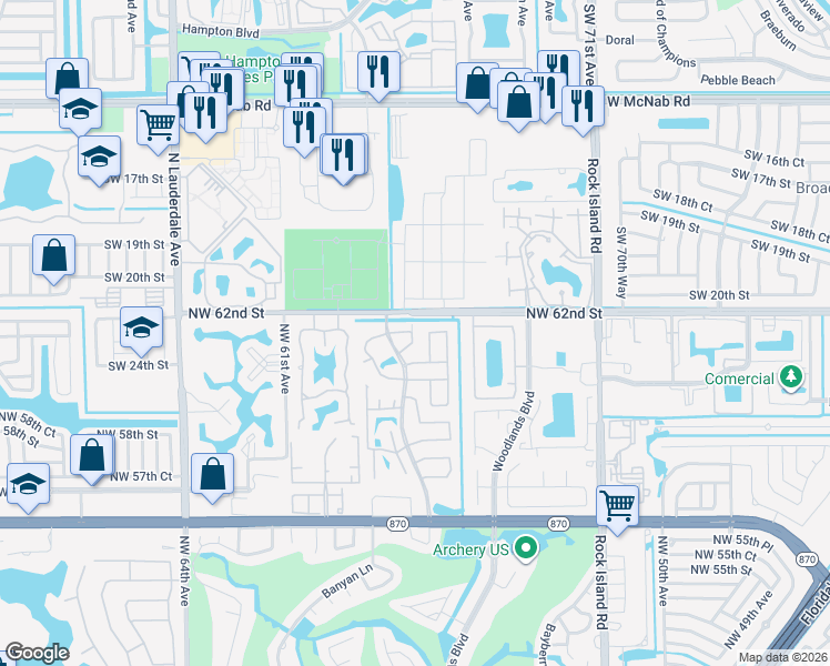 map of restaurants, bars, coffee shops, grocery stores, and more near 40 Meacham Lane in Tamarac