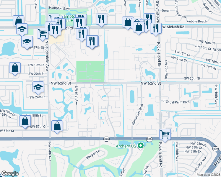 map of restaurants, bars, coffee shops, grocery stores, and more near 40 Meacham Lane in Tamarac