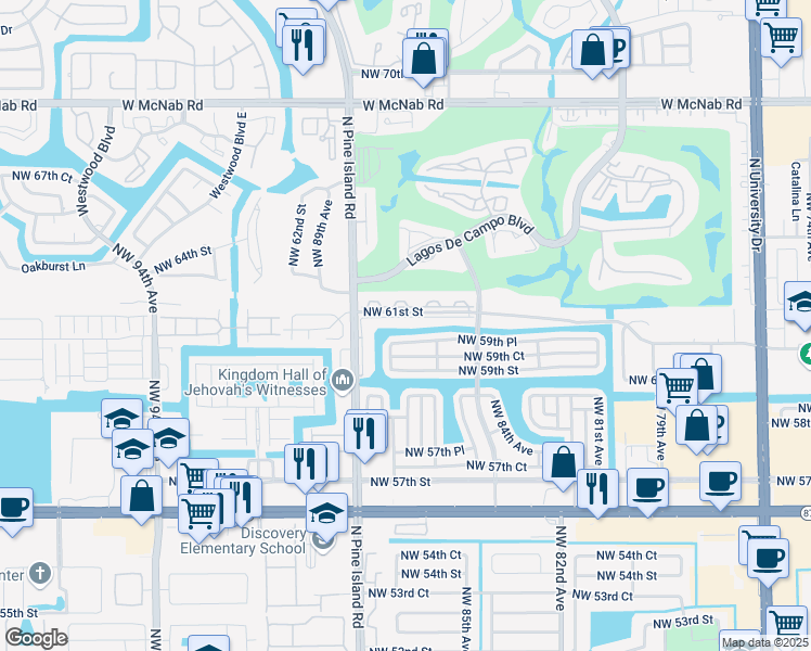 map of restaurants, bars, coffee shops, grocery stores, and more near 8637 Northwest 61st Street in Tamarac