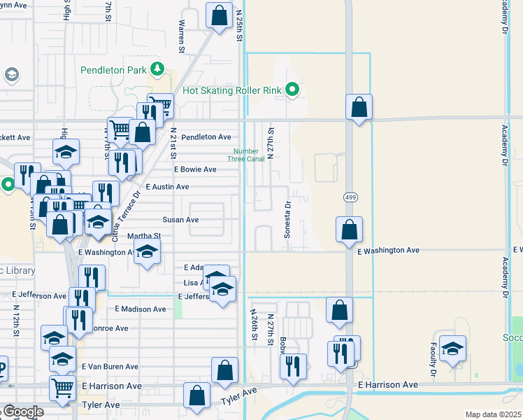 map of restaurants, bars, coffee shops, grocery stores, and more near 801 North 27th Street in Harlingen