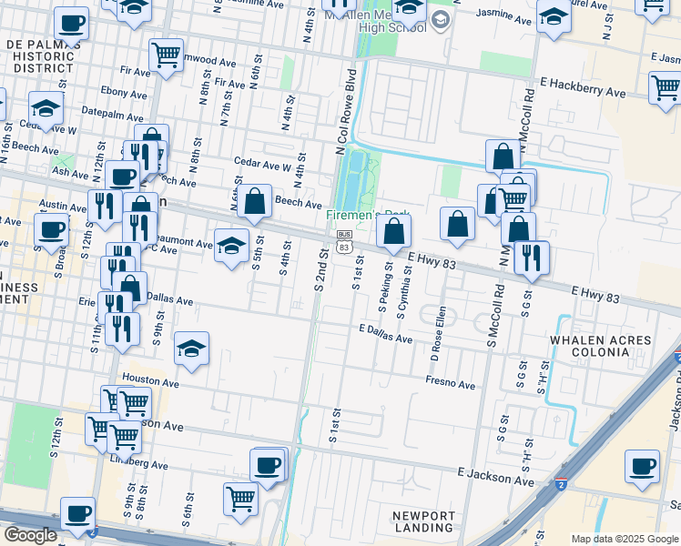 map of restaurants, bars, coffee shops, grocery stores, and more near 200 South 1st Street in McAllen