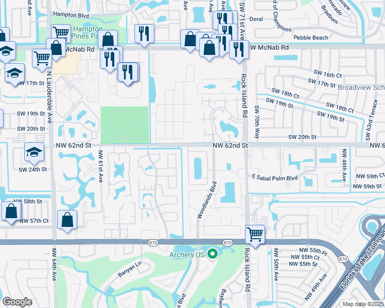 map of restaurants, bars, coffee shops, grocery stores, and more near 5550 Northwest 61st Place in Tamarac