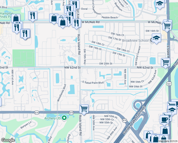 map of restaurants, bars, coffee shops, grocery stores, and more near 6095 North Sabal Palm Boulevard in Tamarac