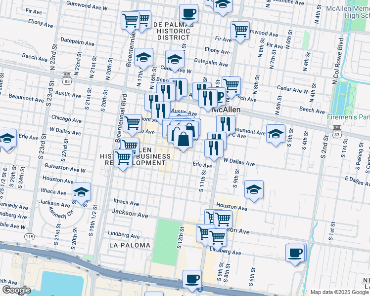 map of restaurants, bars, coffee shops, grocery stores, and more near 317 South Broadway Street in McAllen