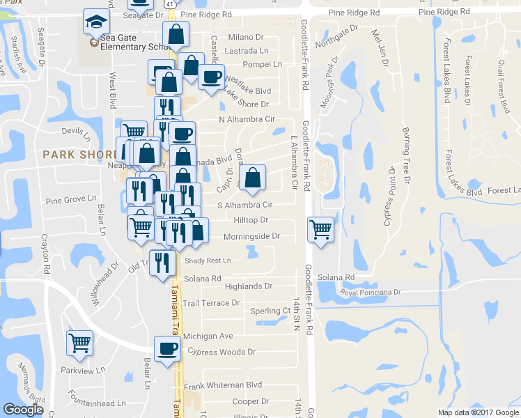 map of restaurants, bars, coffee shops, grocery stores, and more near 1246 South Alhambra Circle in Naples