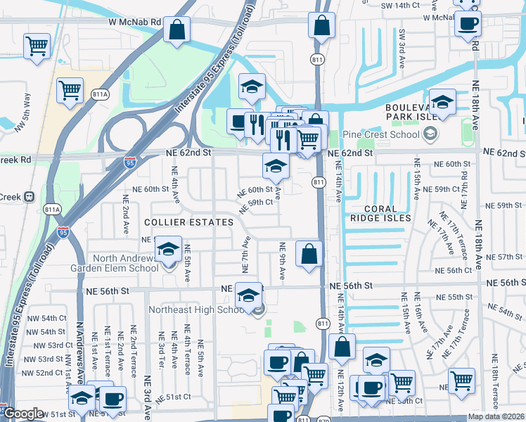 map of restaurants, bars, coffee shops, grocery stores, and more near 811 Northeast 59th Street in Fort Lauderdale