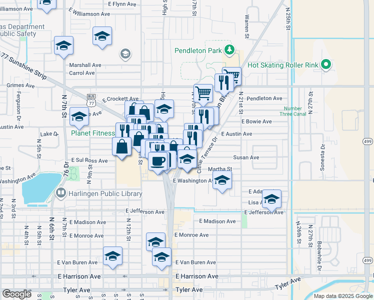 map of restaurants, bars, coffee shops, grocery stores, and more near 1605 Chaparral Lane in Harlingen