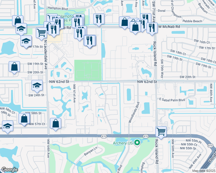 map of restaurants, bars, coffee shops, grocery stores, and more near 40 Meacham Lane in Tamarac