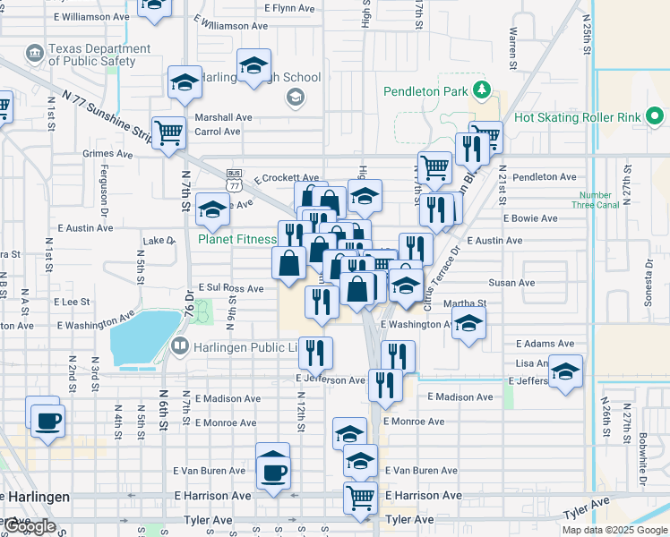 map of restaurants, bars, coffee shops, grocery stores, and more near 801 North 77 Sunshine Strip in Harlingen