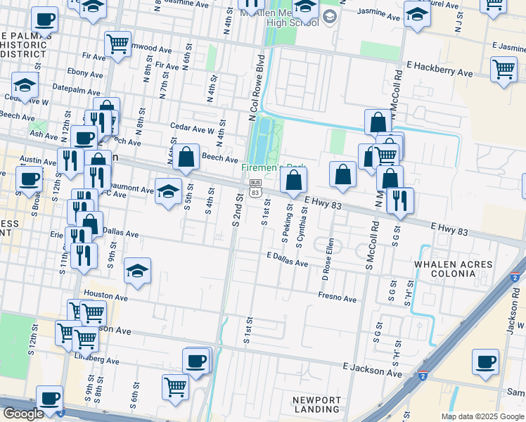 map of restaurants, bars, coffee shops, grocery stores, and more near 200 South 1st Street in McAllen