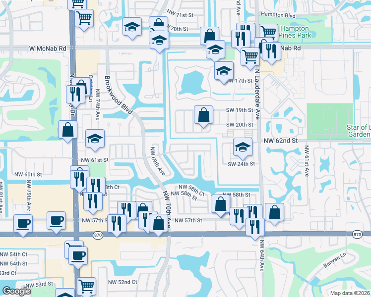 map of restaurants, bars, coffee shops, grocery stores, and more near 6717 Northwest 61st Street in Tamarac