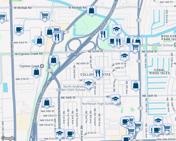 map of restaurants, bars, coffee shops, grocery stores, and more near 341 Northeast 59th Street in Fort Lauderdale