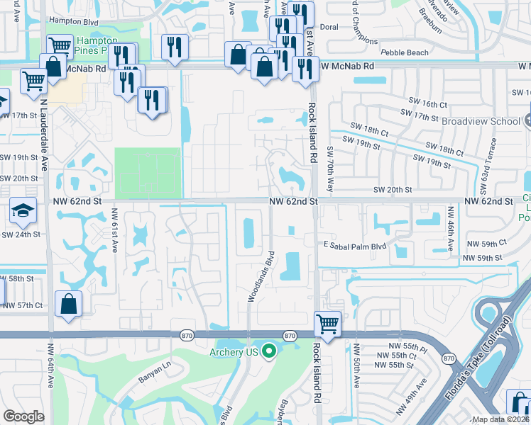 map of restaurants, bars, coffee shops, grocery stores, and more near 6160 Northwest 54th Lane in Tamarac