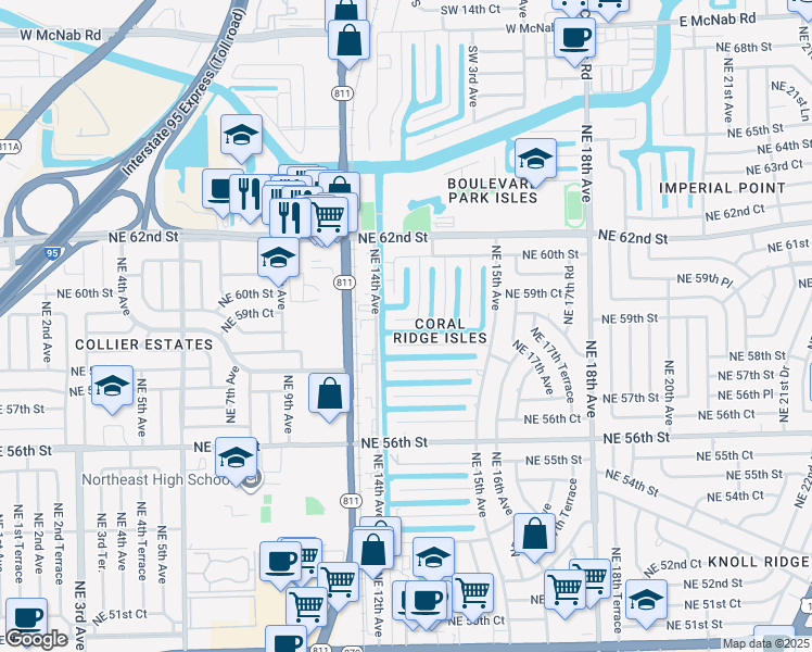 map of restaurants, bars, coffee shops, grocery stores, and more near 5840 Northeast 14th Road in Fort Lauderdale