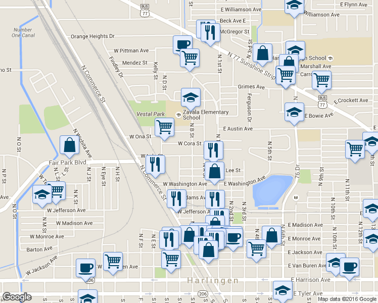 map of restaurants, bars, coffee shops, grocery stores, and more near 807 North B Street in Harlingen