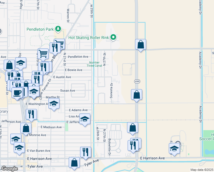 map of restaurants, bars, coffee shops, grocery stores, and more near 801 North 27th Street in Harlingen