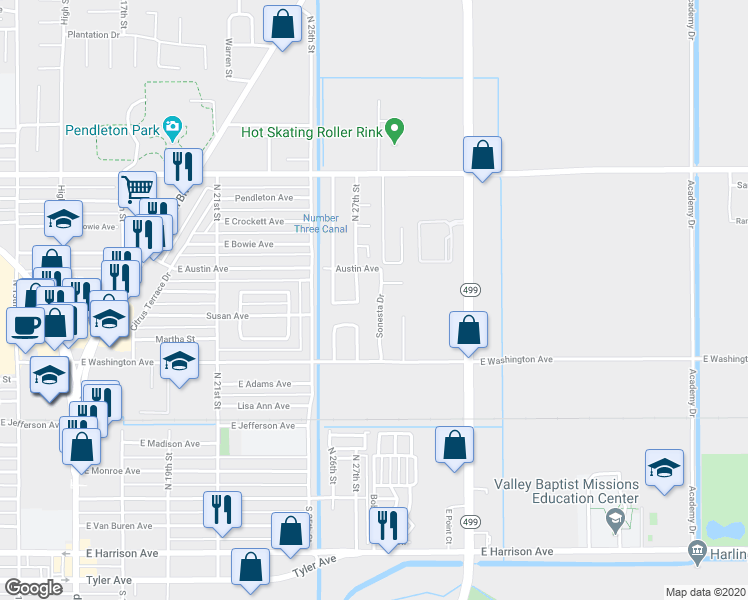 map of restaurants, bars, coffee shops, grocery stores, and more near 753 Sonesta Court in Harlingen