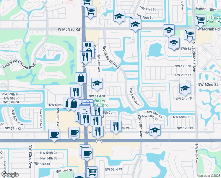 map of restaurants, bars, coffee shops, grocery stores, and more near 6108 Northwest 73rd Terrace in Tamarac