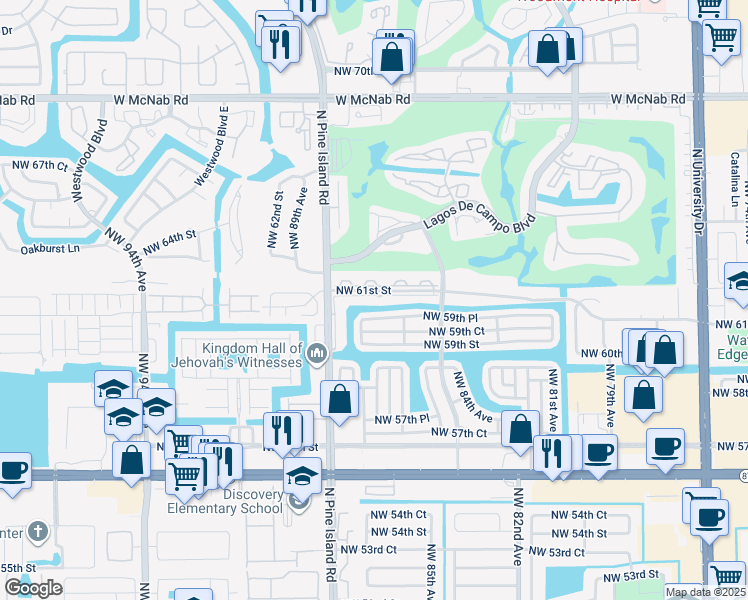 map of restaurants, bars, coffee shops, grocery stores, and more near 8650 Northwest 61st Street in Tamarac