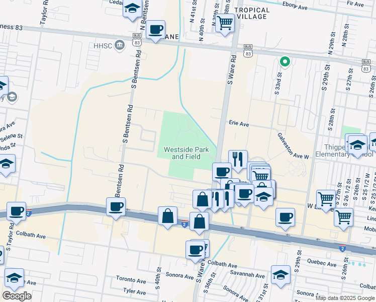 map of restaurants, bars, coffee shops, grocery stores, and more near 1000 South Ware Road in McAllen