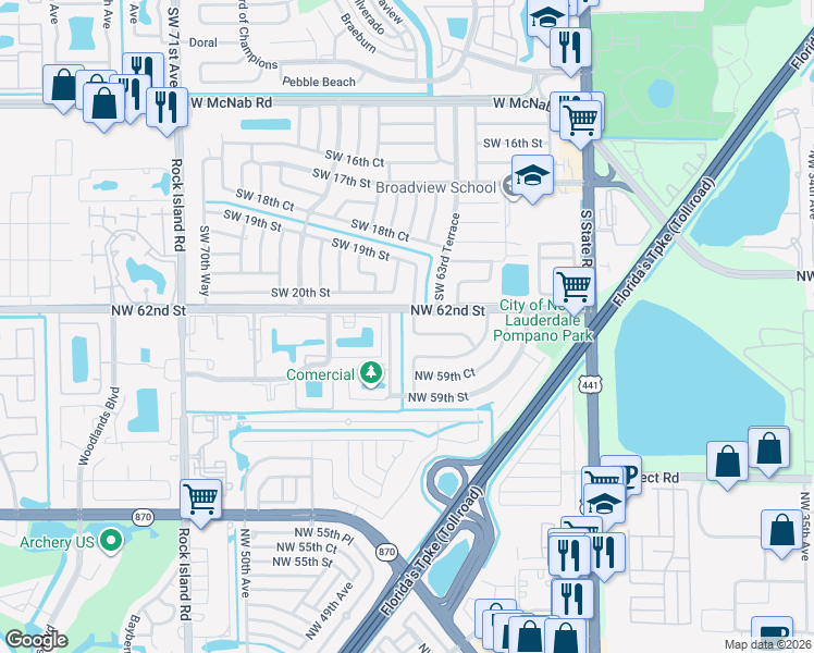 map of restaurants, bars, coffee shops, grocery stores, and more near 6131 Northwest 45th Avenue in Fort Lauderdale