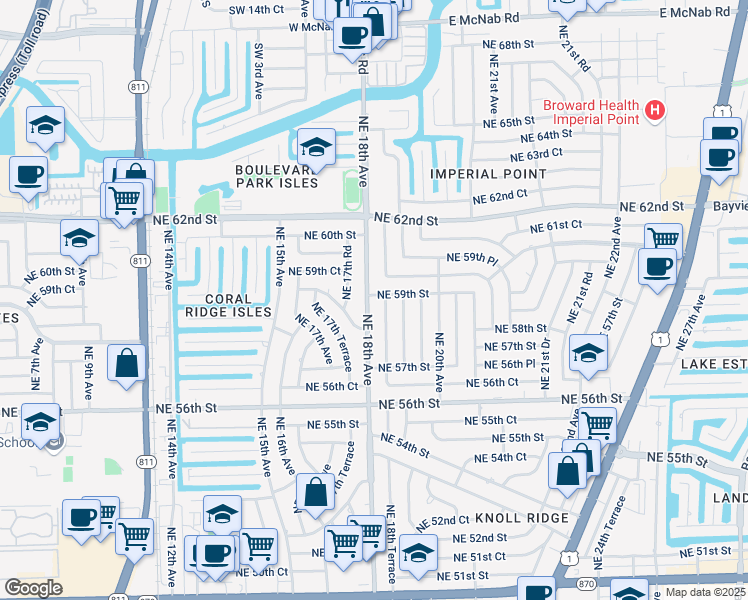 map of restaurants, bars, coffee shops, grocery stores, and more near 1800 Northeast 59th Street in Fort Lauderdale