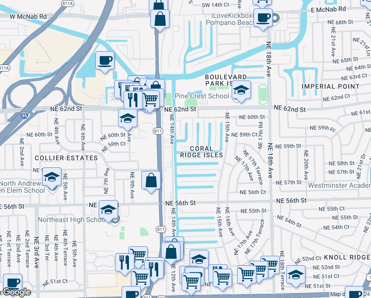 map of restaurants, bars, coffee shops, grocery stores, and more near 5840 Northeast 14th Road in Fort Lauderdale