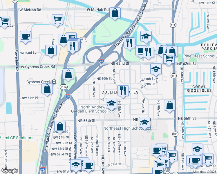 map of restaurants, bars, coffee shops, grocery stores, and more near 341 Northeast 59th Street in Fort Lauderdale