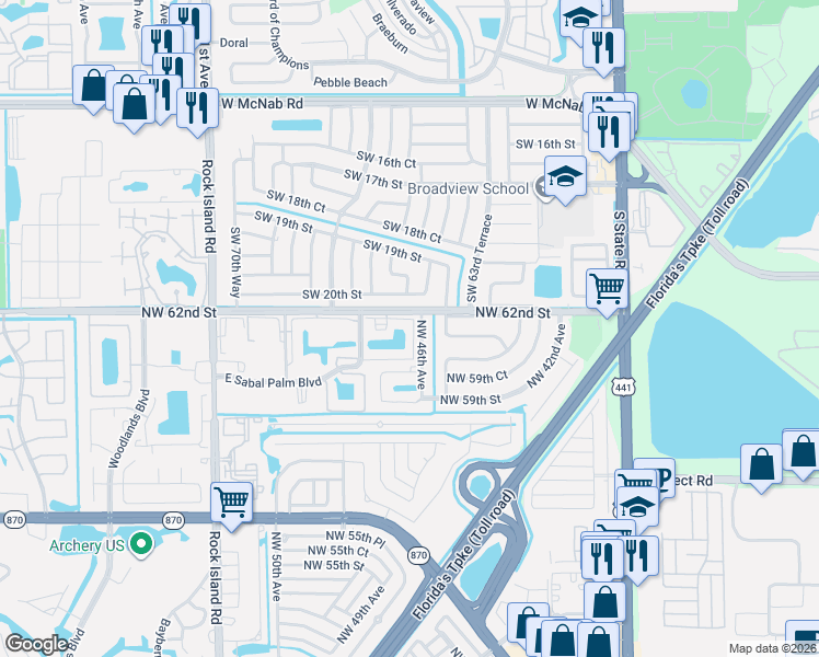 map of restaurants, bars, coffee shops, grocery stores, and more near 4930 East Sabal Palm Boulevard in Tamarac