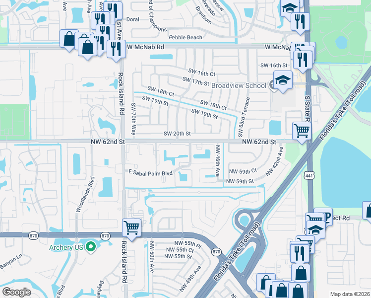 map of restaurants, bars, coffee shops, grocery stores, and more near 4940 East Sabal Palm Boulevard in Tamarac