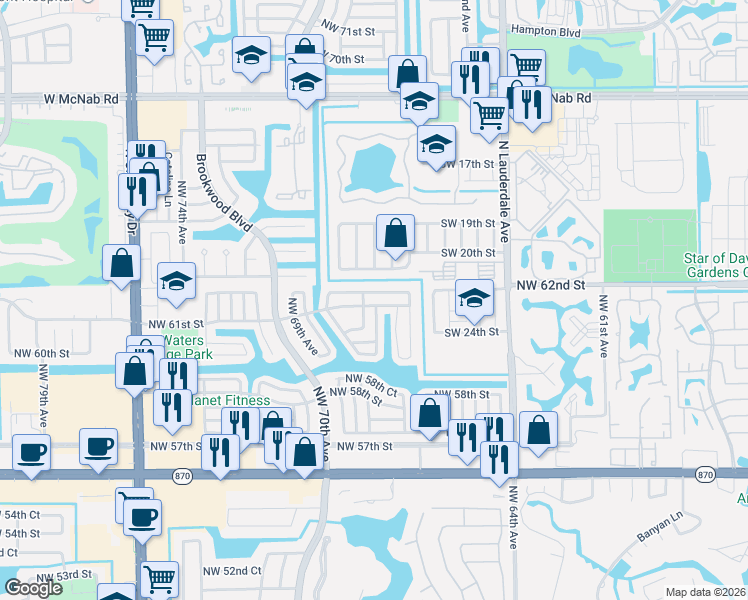 map of restaurants, bars, coffee shops, grocery stores, and more near 6717 Northwest 61st Street in Tamarac