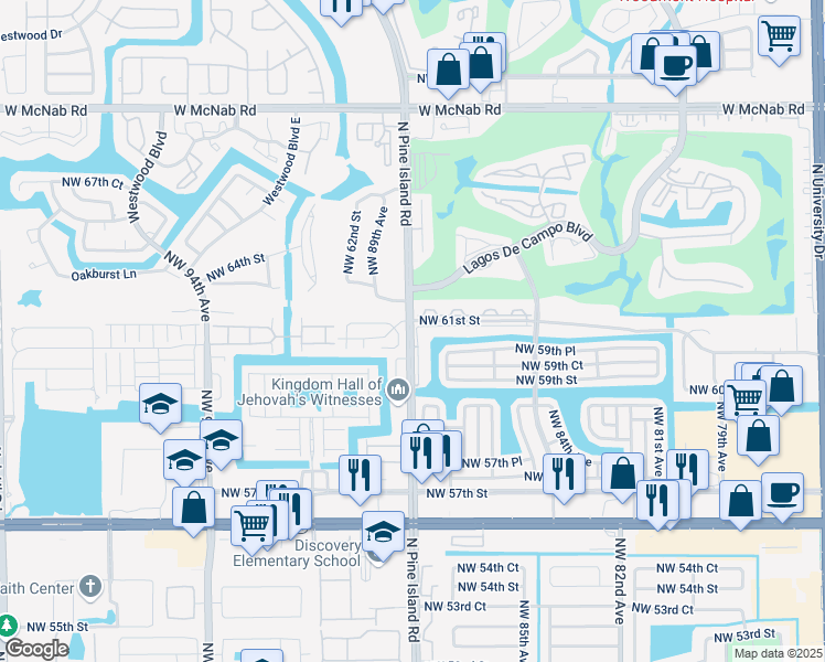 map of restaurants, bars, coffee shops, grocery stores, and more near 6062 Northwest 88th Avenue in Tamarac