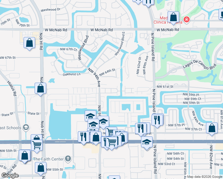 map of restaurants, bars, coffee shops, grocery stores, and more near 6041 Northwest 91st Way in Tamarac