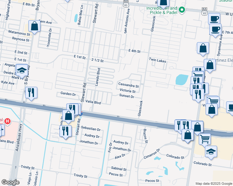map of restaurants, bars, coffee shops, grocery stores, and more near 1801 Sunset Lane in Mission