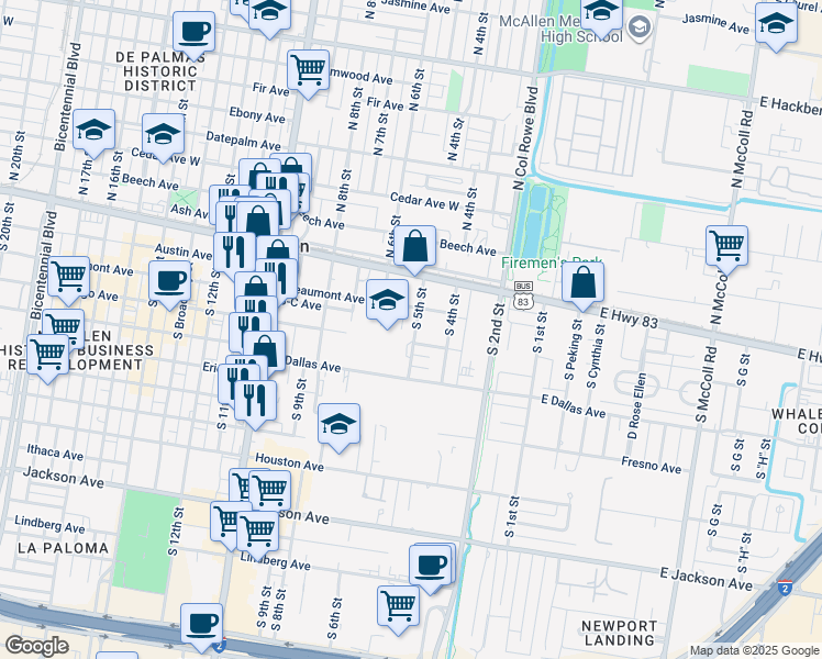 map of restaurants, bars, coffee shops, grocery stores, and more near 214 South 5th Street in McAllen