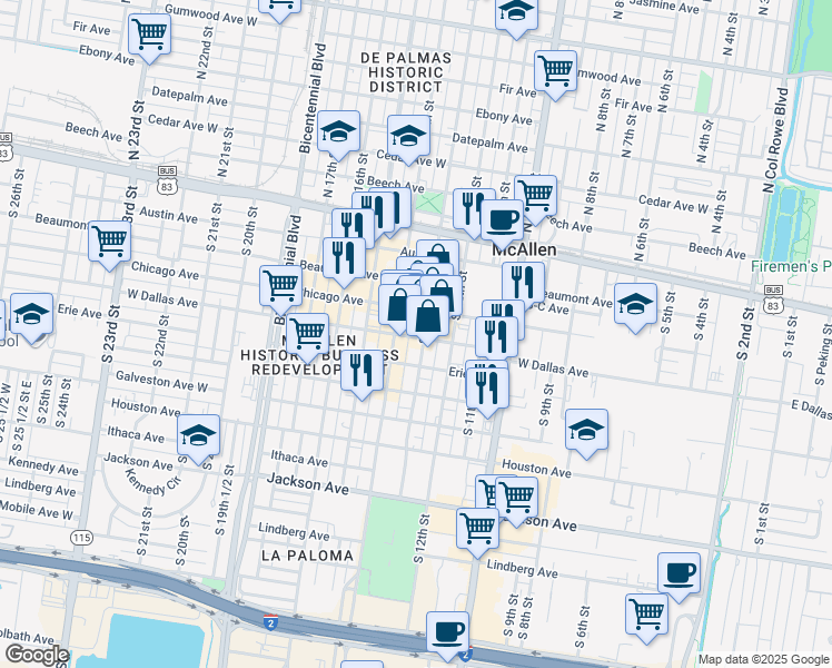 map of restaurants, bars, coffee shops, grocery stores, and more near 317 South Broadway Street in McAllen