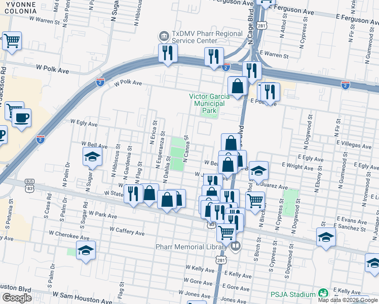 map of restaurants, bars, coffee shops, grocery stores, and more near 514 North Canna Street in Pharr