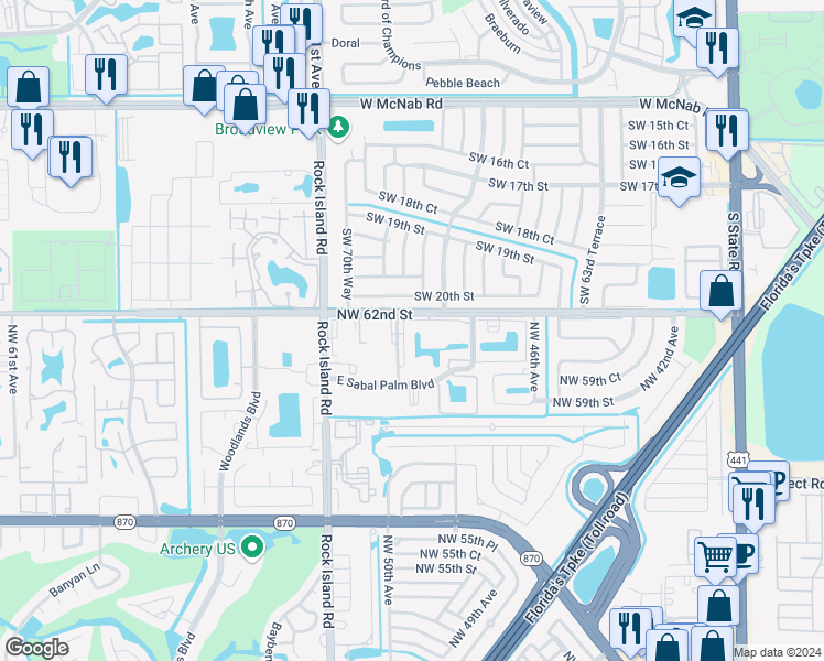 map of restaurants, bars, coffee shops, grocery stores, and more near 6090 North Sabal Palm Boulevard in Tamarac