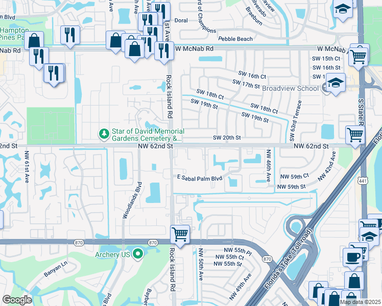 map of restaurants, bars, coffee shops, grocery stores, and more near 6095 North Sabal Palm Boulevard in Tamarac