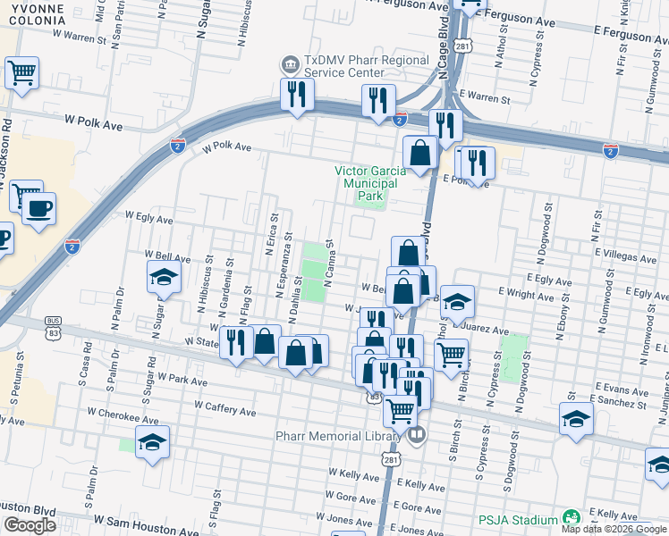map of restaurants, bars, coffee shops, grocery stores, and more near 514 North Canna Street in Pharr