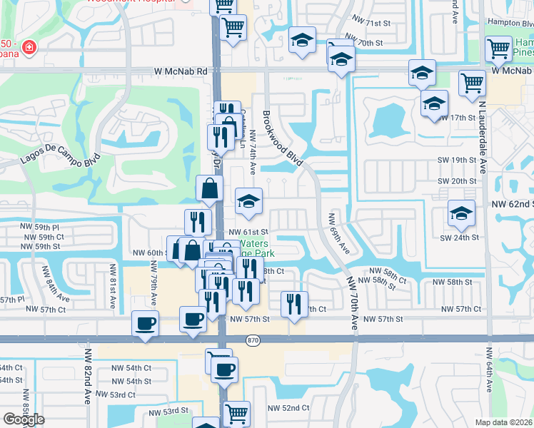 map of restaurants, bars, coffee shops, grocery stores, and more near 6111 Northwest 74th Avenue in Tamarac