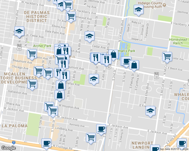 map of restaurants, bars, coffee shops, grocery stores, and more near 214 South 5th Street in McAllen