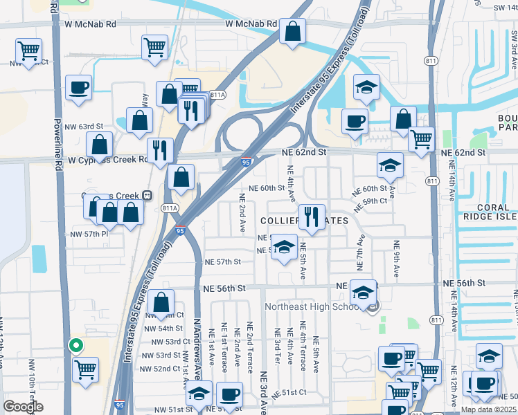 map of restaurants, bars, coffee shops, grocery stores, and more near 5930 Northeast 2nd Terrace in Fort Lauderdale