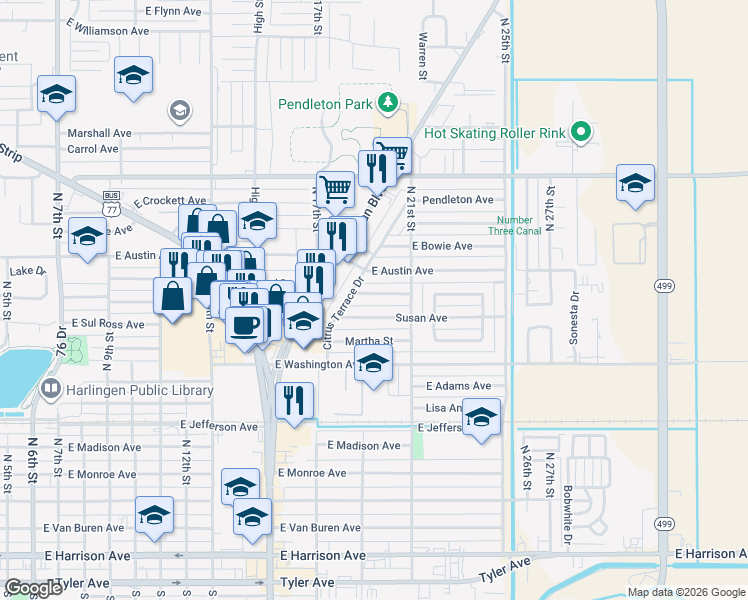 map of restaurants, bars, coffee shops, grocery stores, and more near 2002 Theresa Avenue in Harlingen