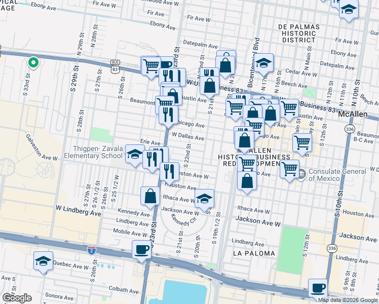map of restaurants, bars, coffee shops, grocery stores, and more near 2129 Erie Avenue in McAllen