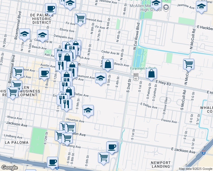 map of restaurants, bars, coffee shops, grocery stores, and more near 214 South 5th Street in McAllen